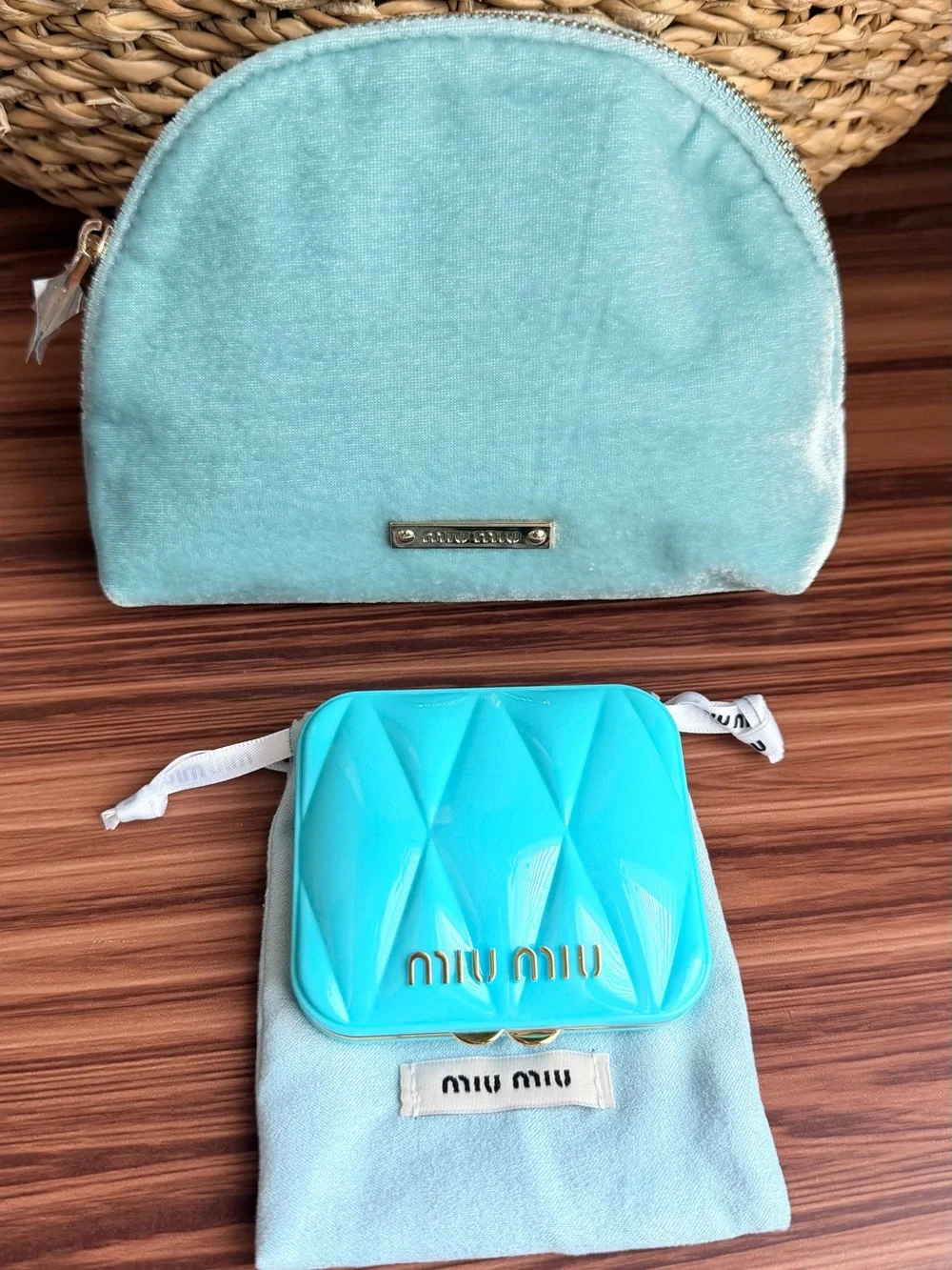 Miu Miu Turquoise Quilted Compact Mirror with Teal Velvet Pouch